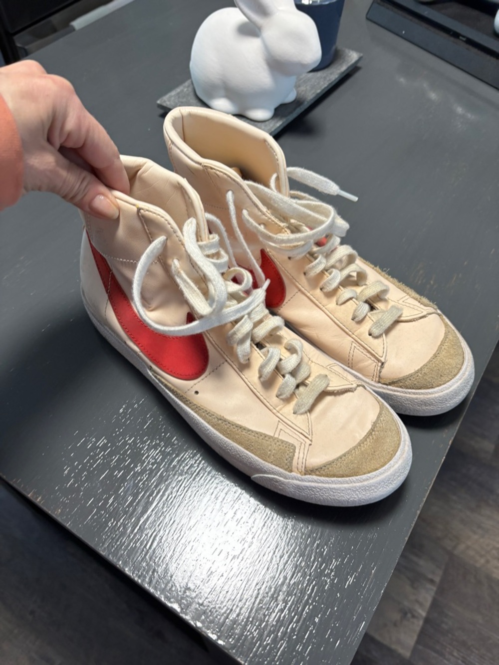 Nike Women's High-Top Sneakers in Cream with Red Swoosh
